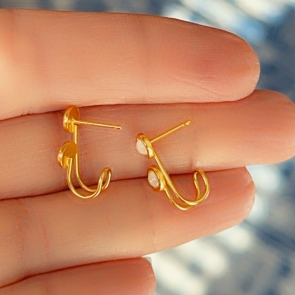 14k Vermeil Gold Semi Precious Double Opal Earrings - Picture 8 of 17